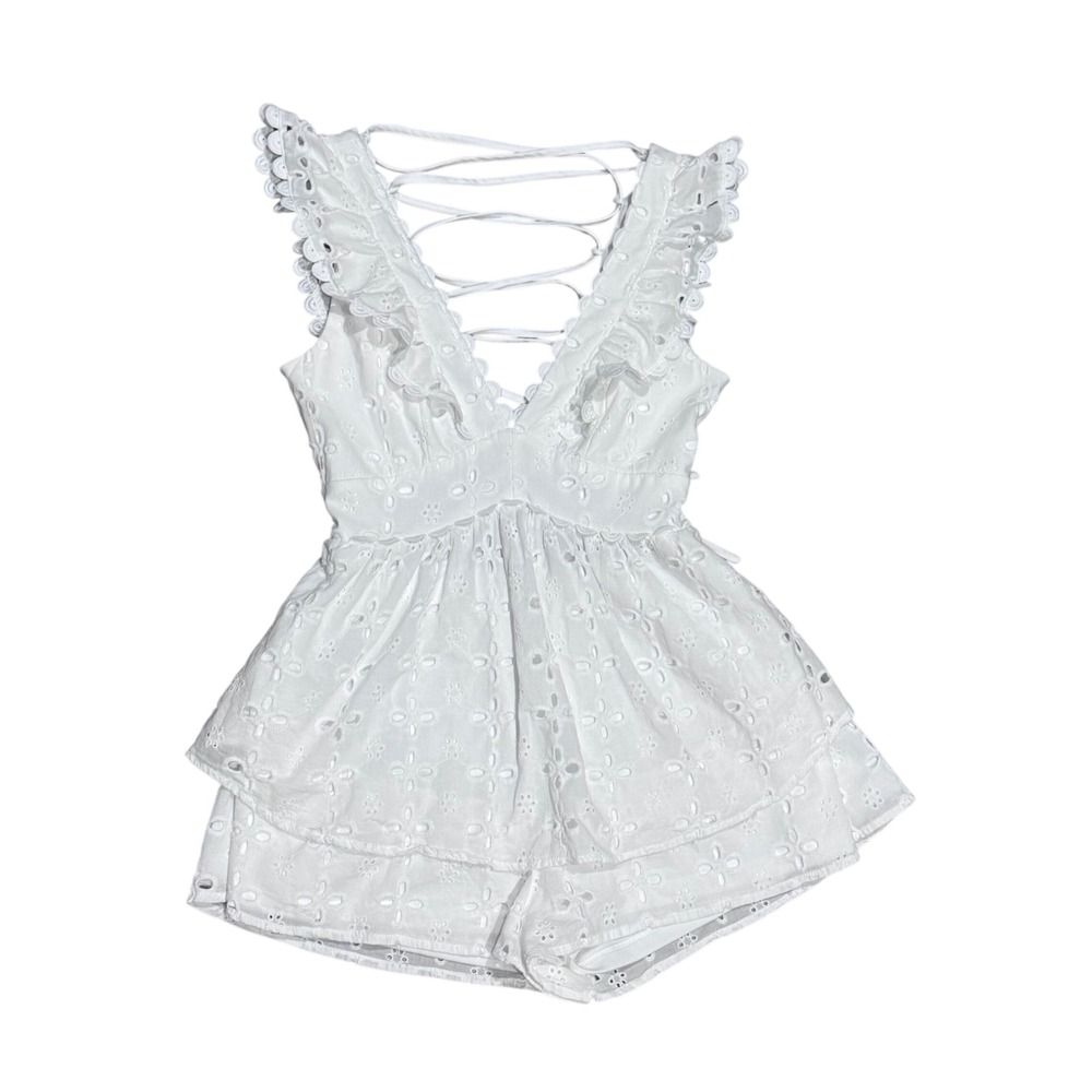 ALTAR'D State Eyelet Romper Womens L White Lace Up Back Ruffle Concert Bridal